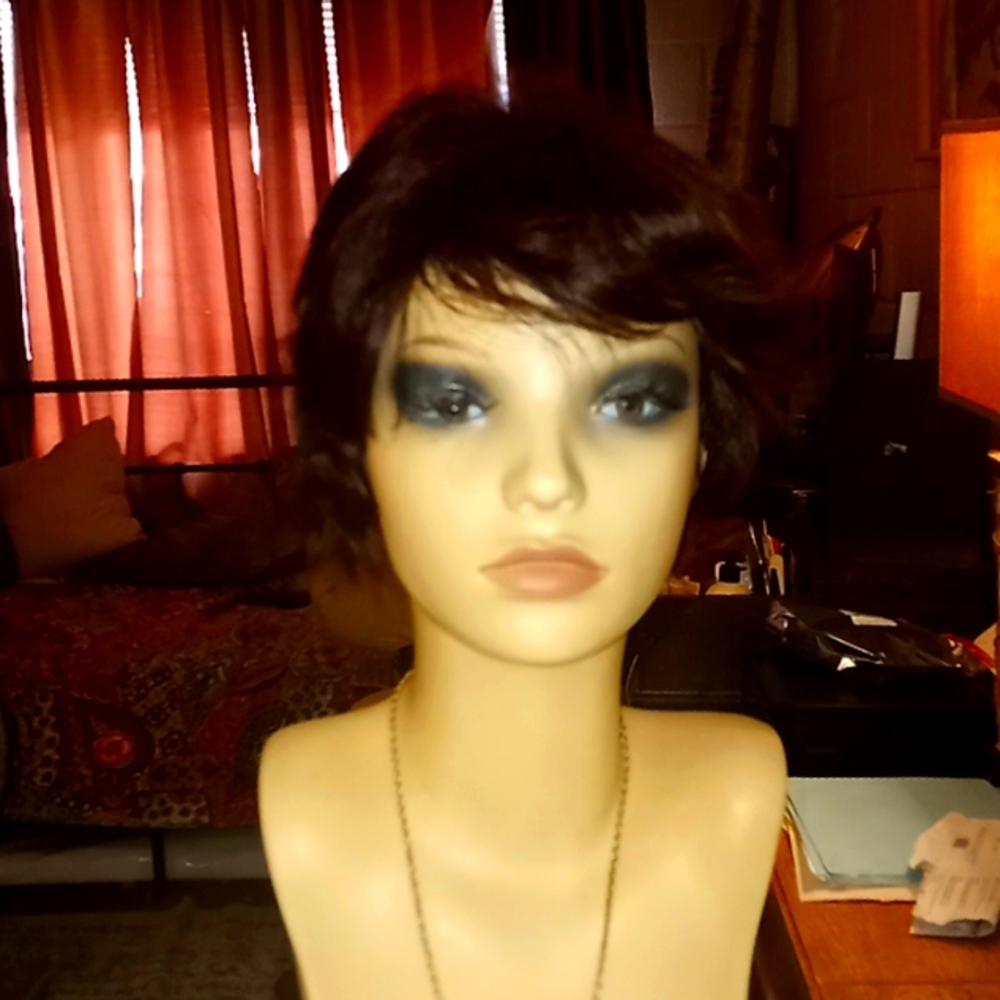 Short layered dark brown 100 % Human Hair wig new without tags